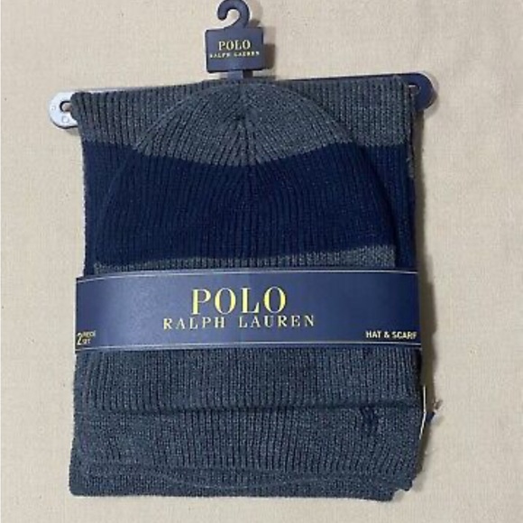 Polo Ralph Lauren Other - NEW Polo Ralph Lauren PONY Hat & Scarf 2-Piece Set Ribbed Knit Navy Gray NWT